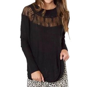 Free People Spring Valley Top Blk Lace Waffle Knit Relaxed Size S Distressed